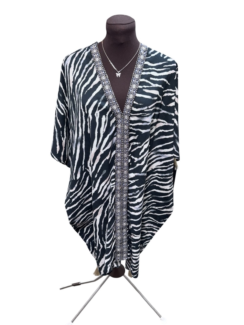 Miraclesuit Zebra Print Caftan Cover Up Embroidered Tassel Beach Tunic M NWT